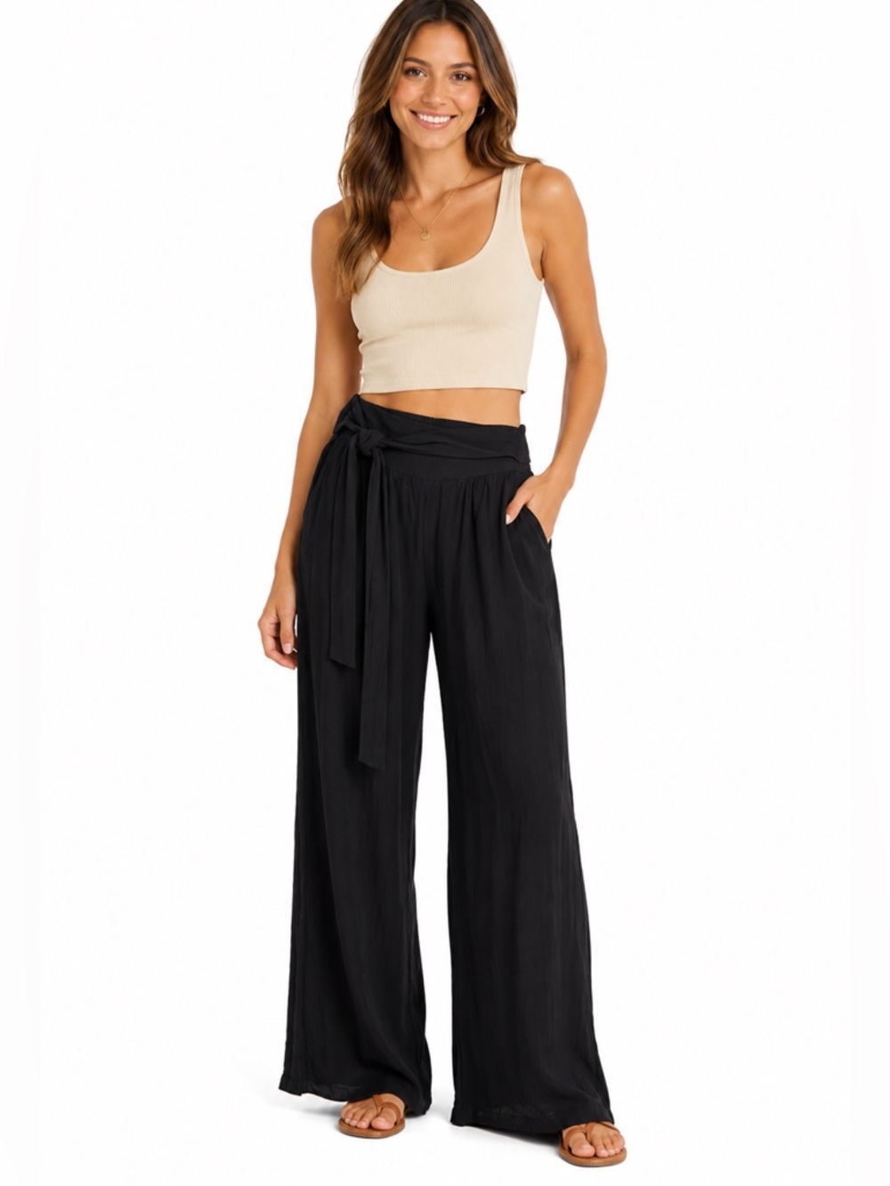 Guess Women’s Black Pants Size Medium Cotton Elastic Waist Tie at Waist